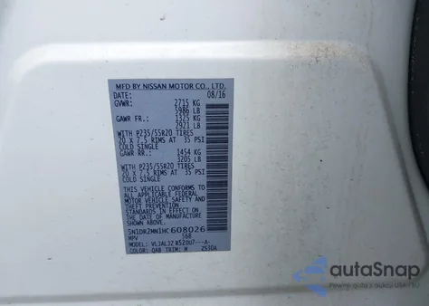 2017 Nissan Pathfinder Platinum z USA, uszkodzony, nr VIN 5N1DR2MN1HC608026